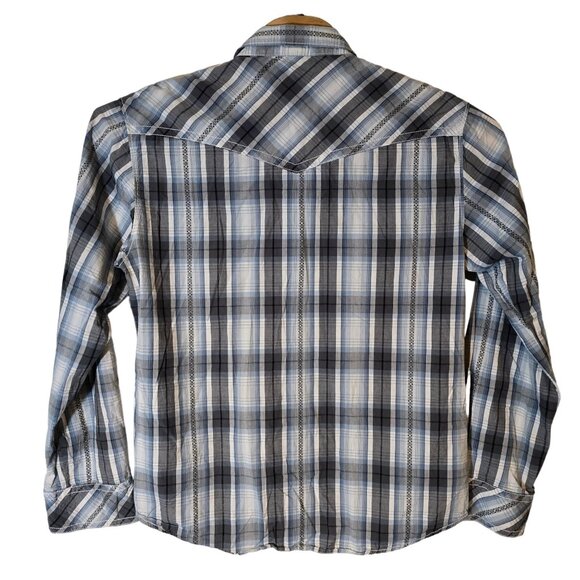 BKE Slim Fit Pearl Snap Button Up Shirt XL Long Sleeve Gray‎ Blue Plaid Western - Picture 3 of 5